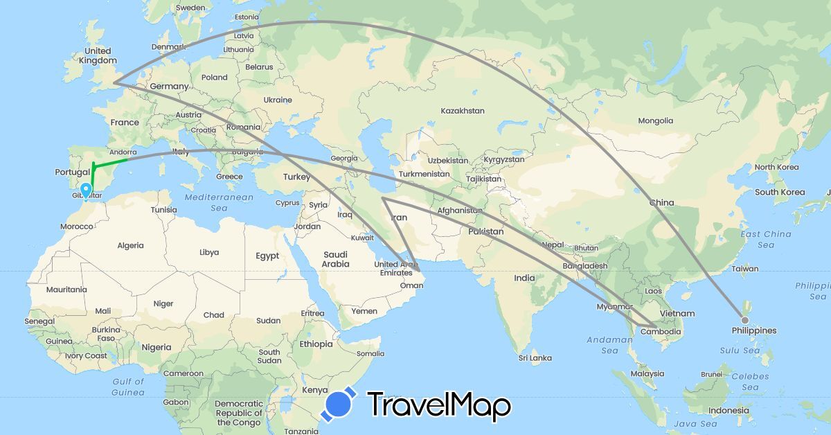 TravelMap itinerary: bus, plane, boat in United Arab Emirates, Armenia, Spain, United Kingdom, Hong Kong, Iran, Cambodia, Morocco, Oman, Philippines, Thailand (Africa, Asia, Europe)